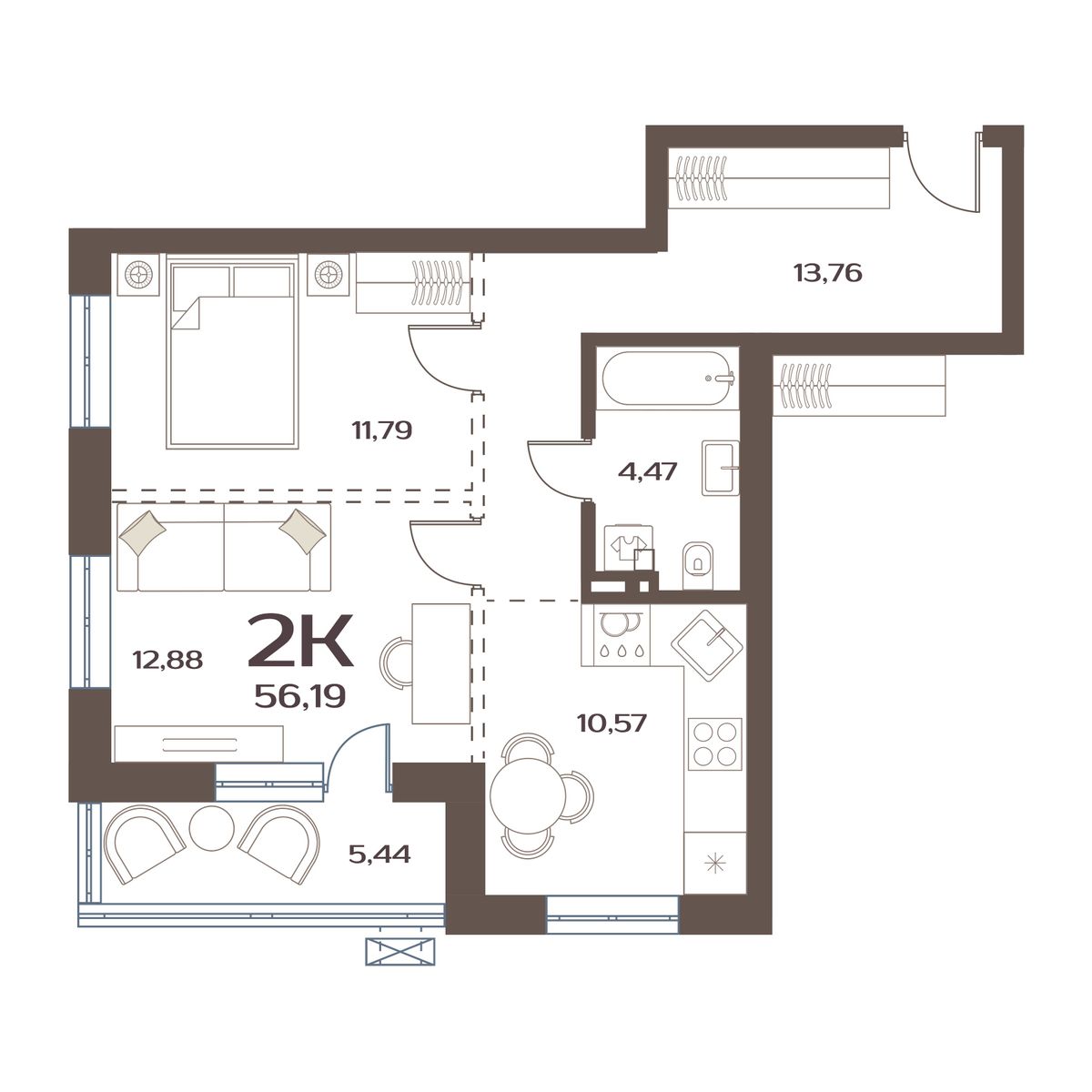 ЖК Меридианы Улисса, 2-комн кв 56,19 м2, за 7 429 000 ₽, 1 этаж